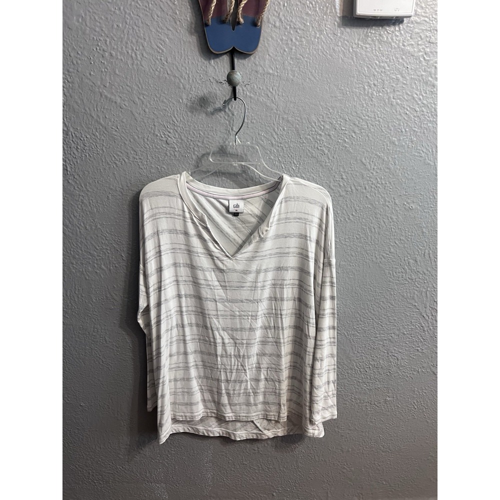 Cabi Top Women's XS Oversized‎ White Gray Striped Long  Sleeve V Neck